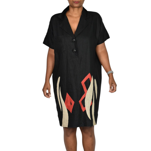 Vintage Andrea Jovine Linen Dress Black Print Abstract Embroidery Cocoon Medium - Picture 11 of 15